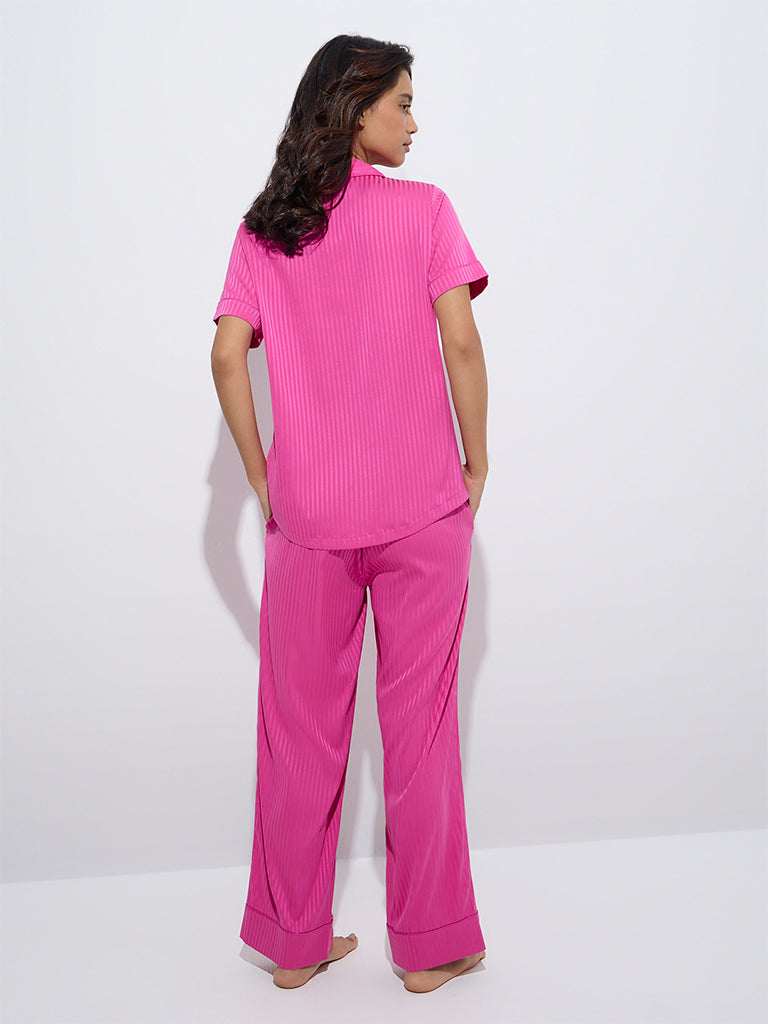 westisde Wunderlove Women's Fuchsia Self-Striped Shirt and Pyjamas Set for Casual Wear Back View