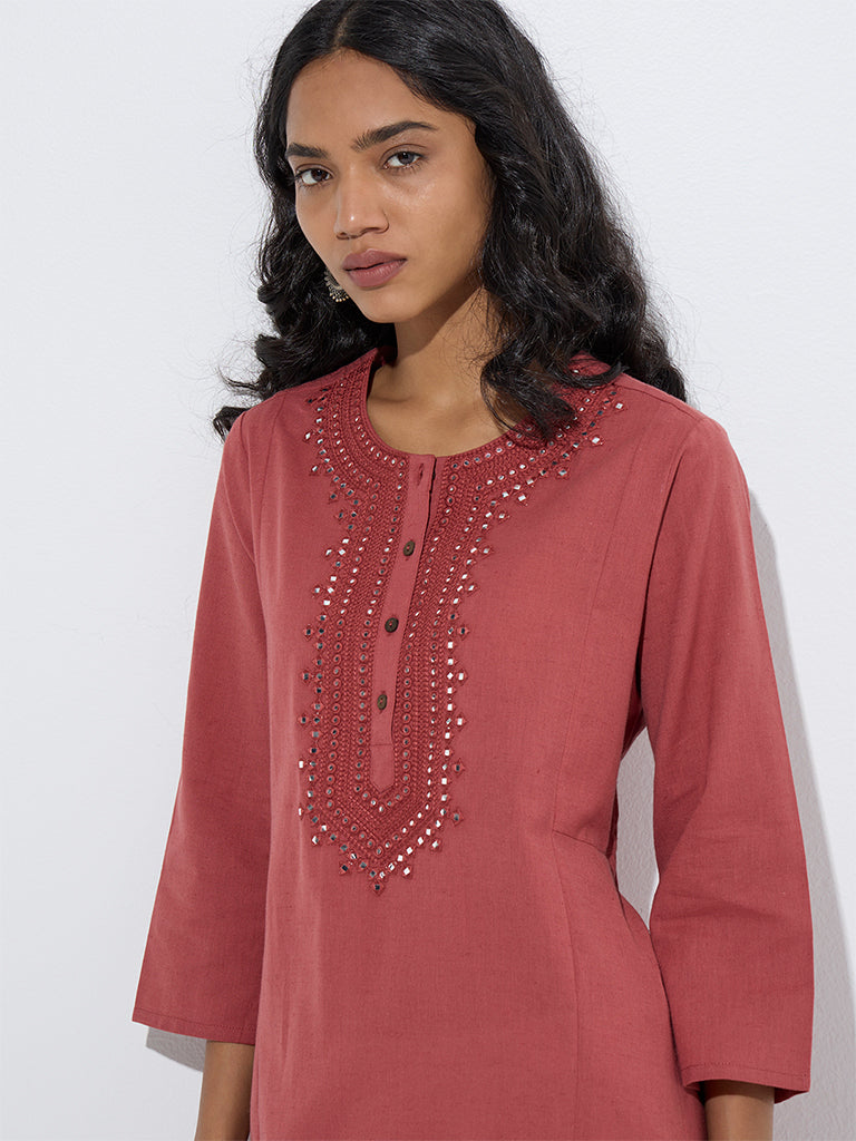 Utsa Red Mirror Work A-Line Cotton Kurta