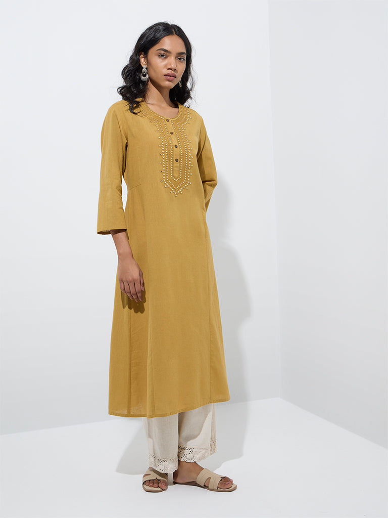 Utsa Mustard Mirror Work A-Line Cotton Kurta