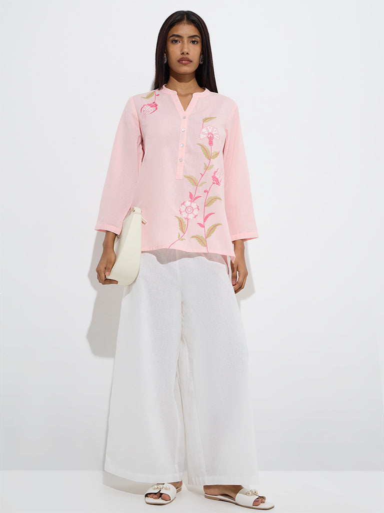 westisde Utsa Women's Pink Floral Embroidered Cotton-Blend Blend Tunic for Work Wear Full Model View