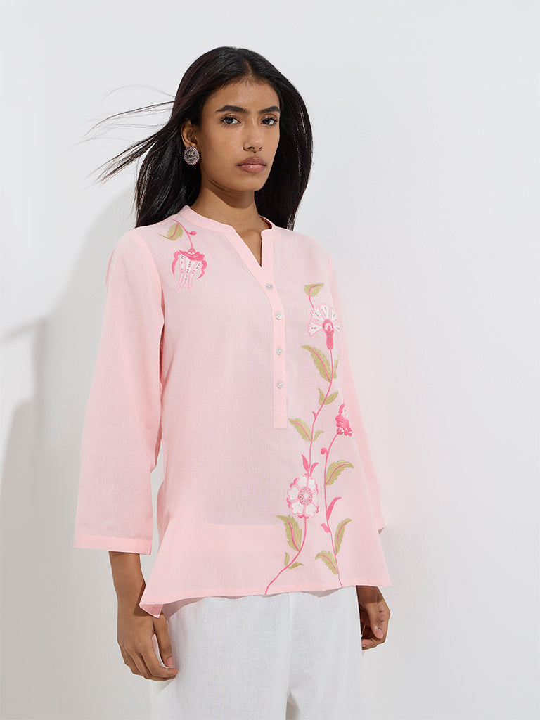 westisde Utsa Women's Pink Floral Embroidered Cotton-Blend Blend Tunic for Work Wear Zoom View
