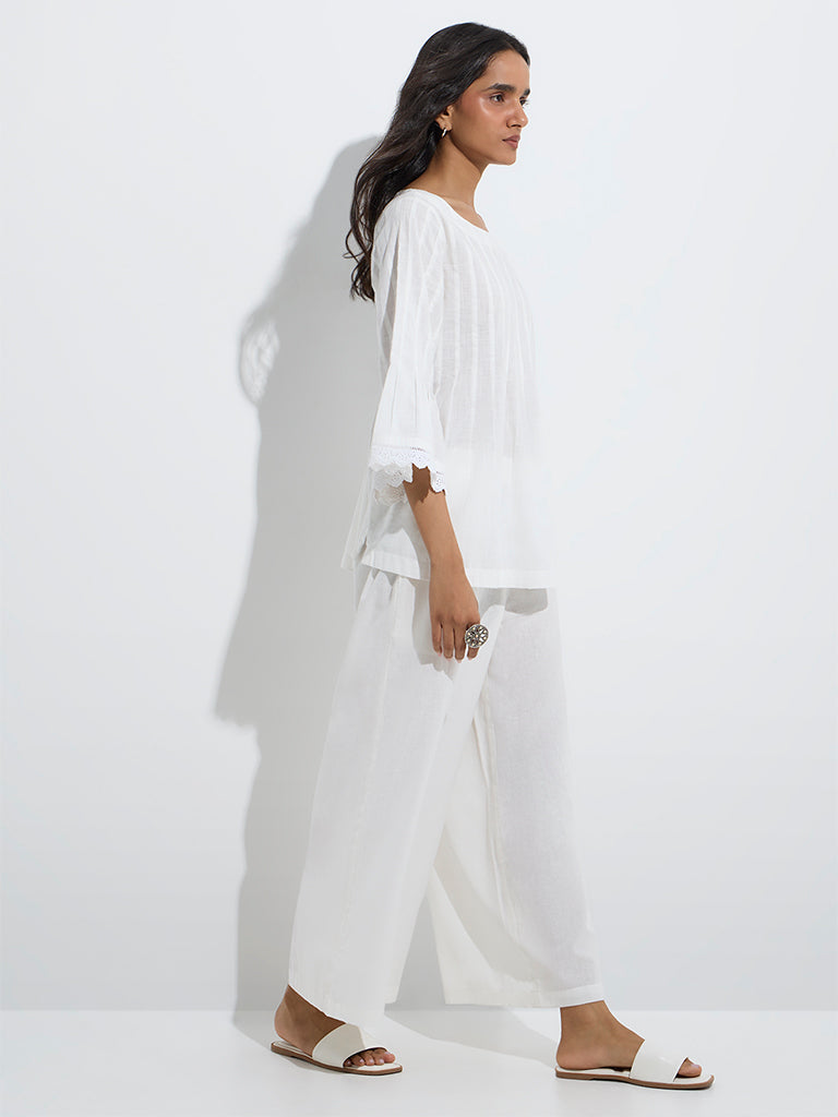 westisde Utsa Women's White Pintuck Detailed Cotton Ethnic Top for Work Wear Full Model View