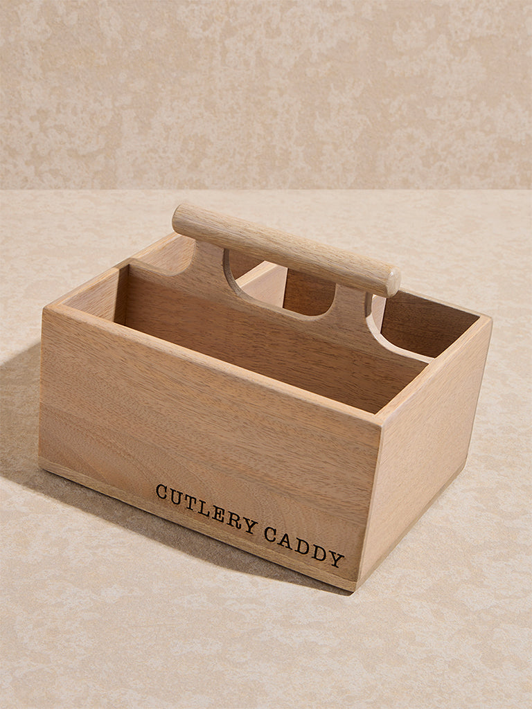 Westside Home Beige Text Pattern Wooden Cutlery Caddy