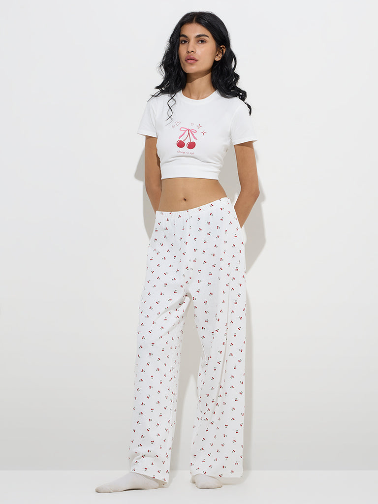 Superstar White Cherry Printed Cotton Lounge Pants