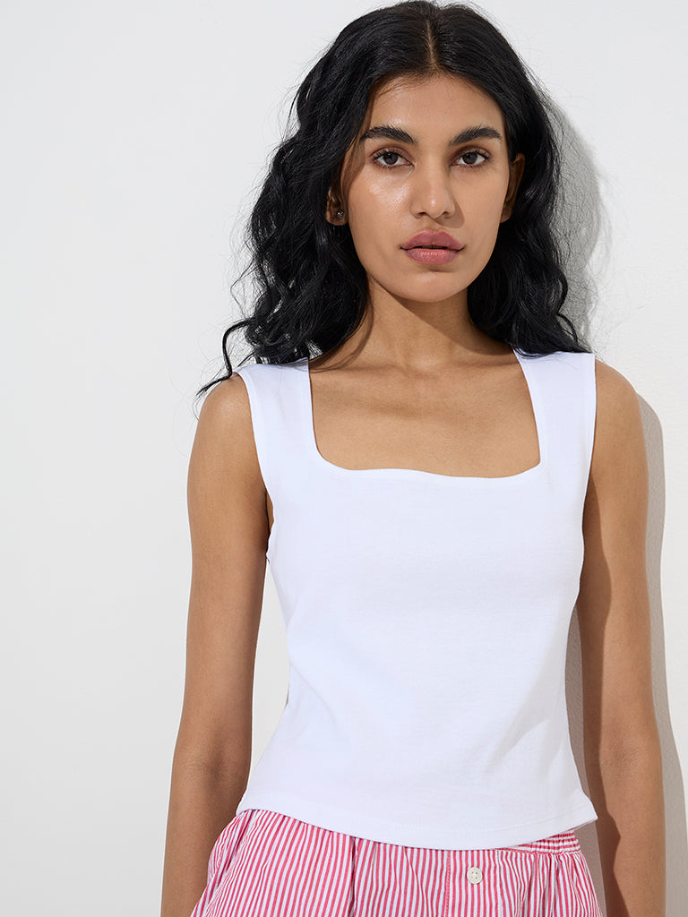 Superstar White Solid Cotton-Blend Top