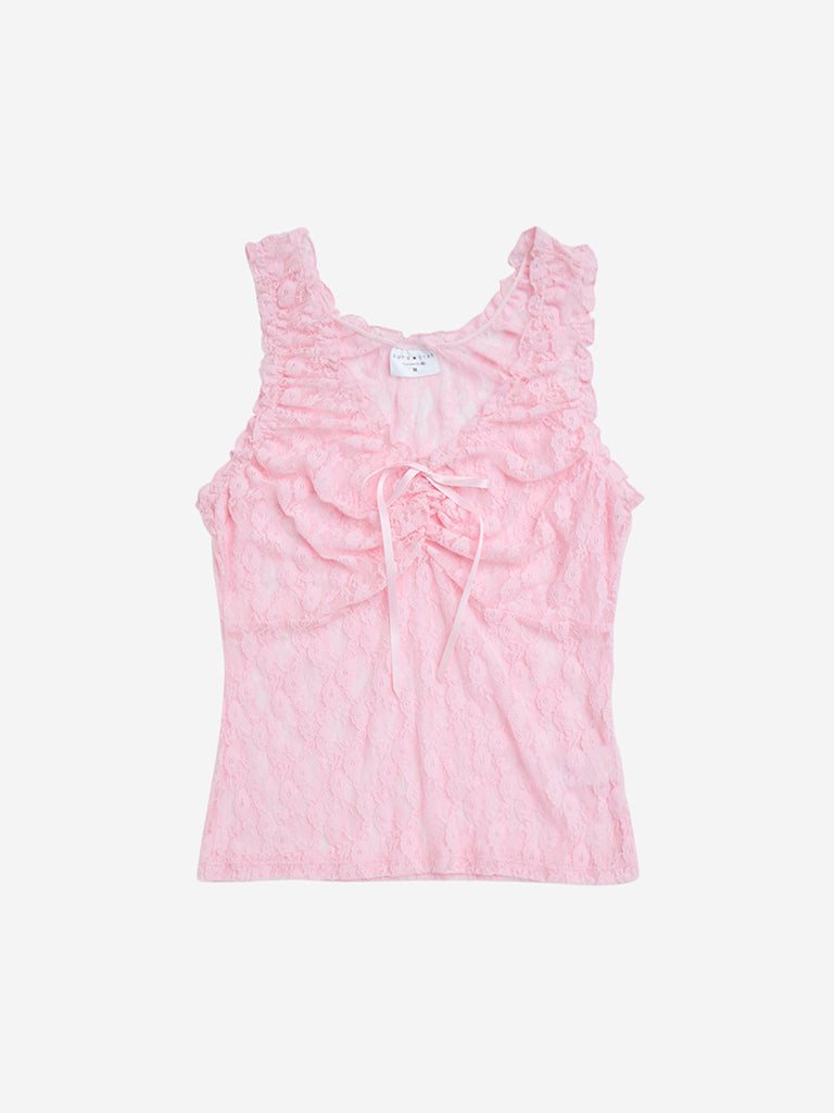 westisde Superstar Women's Pink Floral Lace Detailed Top for Casual Wear Flatly View