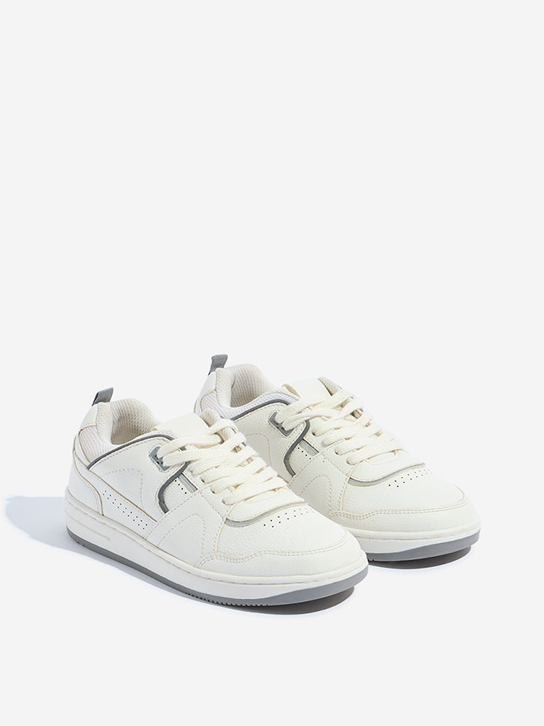 Westside Yellow Kids White Perforated Lace-Up Sneakers Front View