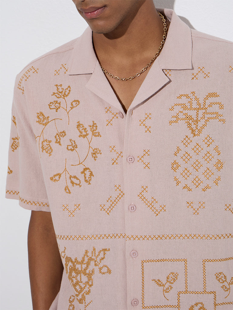 Westside ETA Men's Dusty Pink Embroidered Relaxed-Fit Cotton Shirt for Casual Wear Zoom View