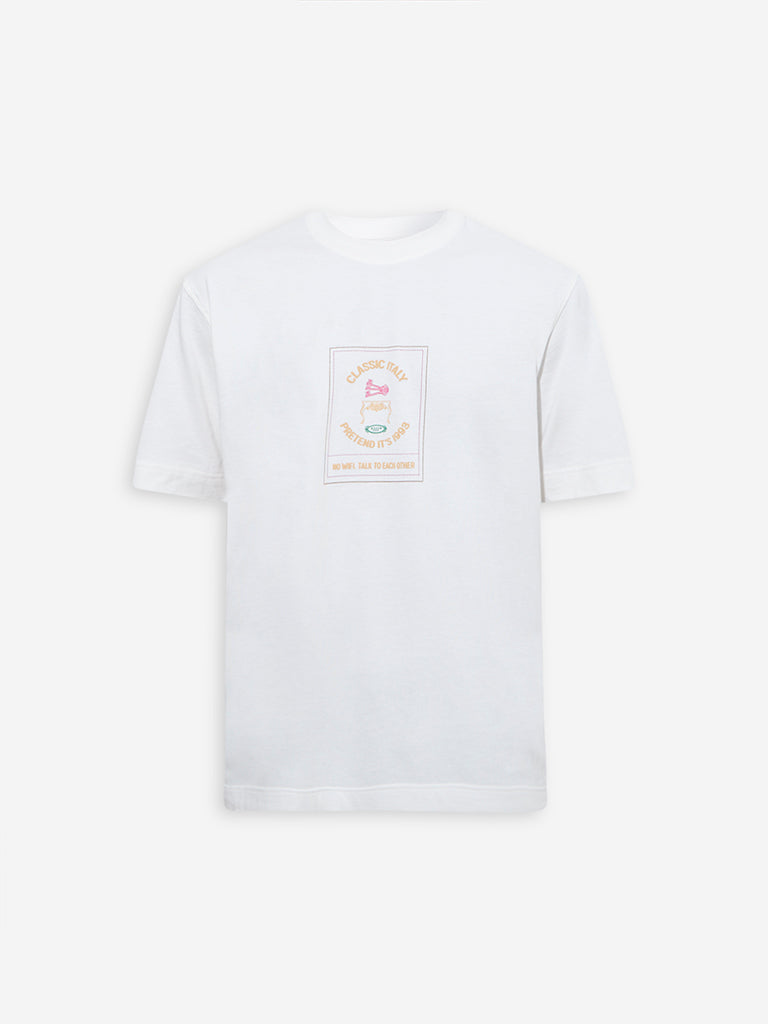 Nuon White Printed Relaxed-Fit Cotton T-Shirt