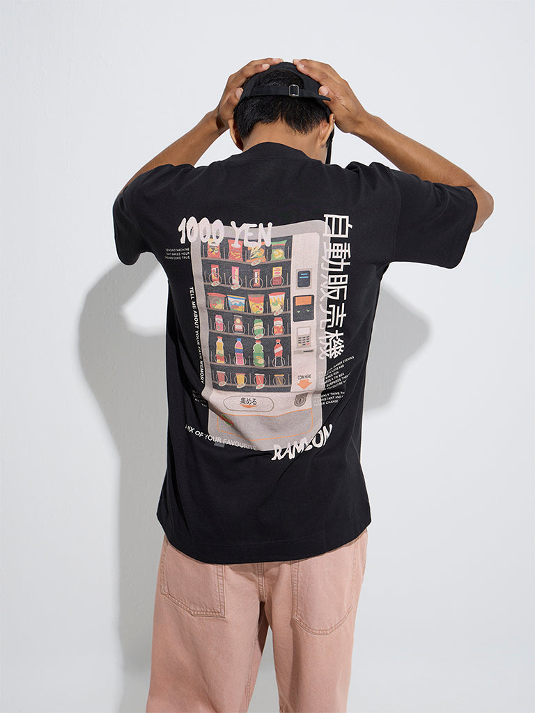 Westside Nuon Men's Black Text Pattern Relaxed-Fit Cotton T-Shirt for Casual Wear Back View