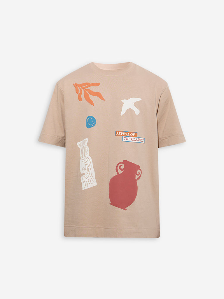 Nuon Beige Printed Relaxed-Fit Cotton T-Shirt