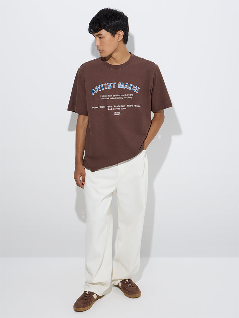 Westside Nuon Men's Brown Text Pattern Relaxed-Fit Cotton T-Shirt for Casual Wear Full Model View