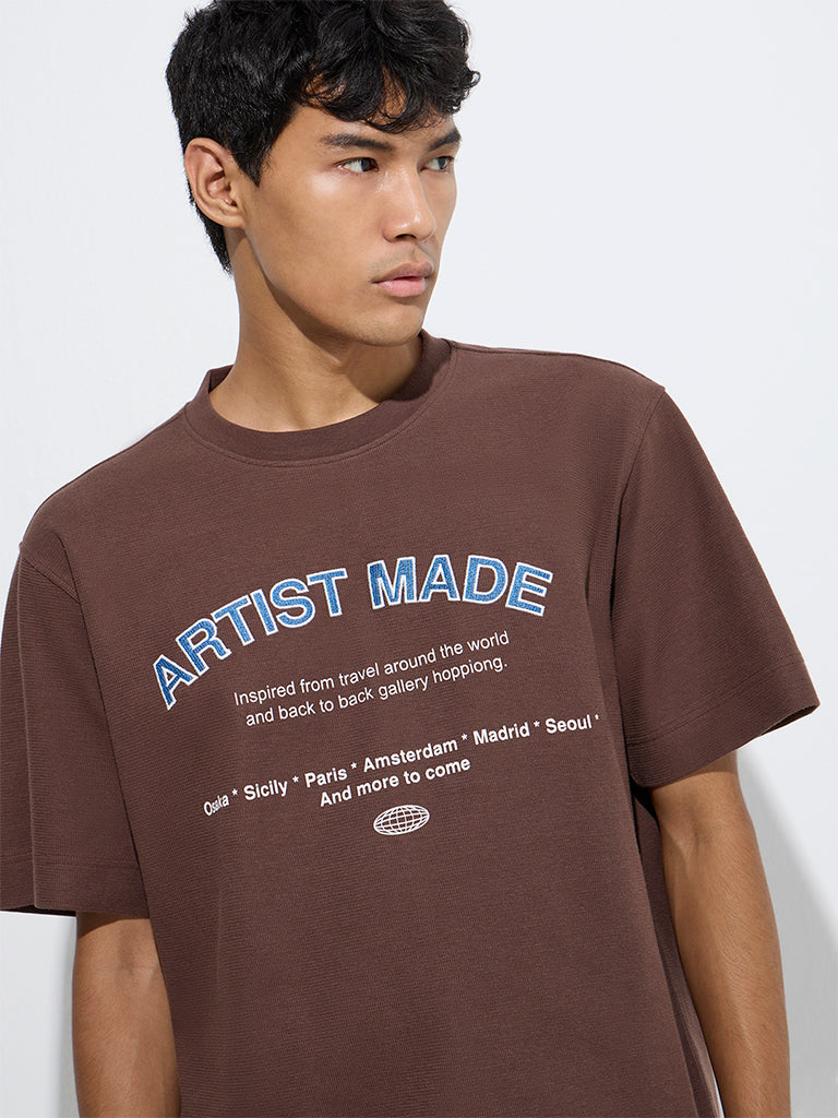 Westside Nuon Men's Brown Text Pattern Relaxed-Fit Cotton T-Shirt for Casual Wear Zoom View