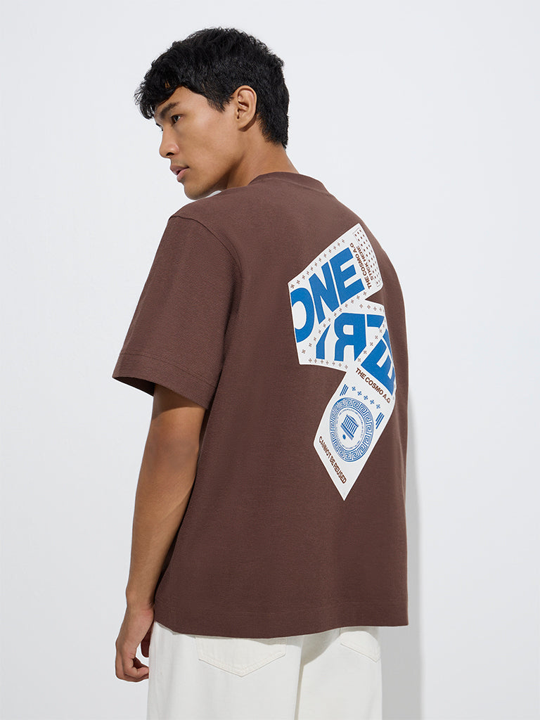 Westside Nuon Men's Brown Text Pattern Relaxed-Fit Cotton T-Shirt for Casual Wear Back View