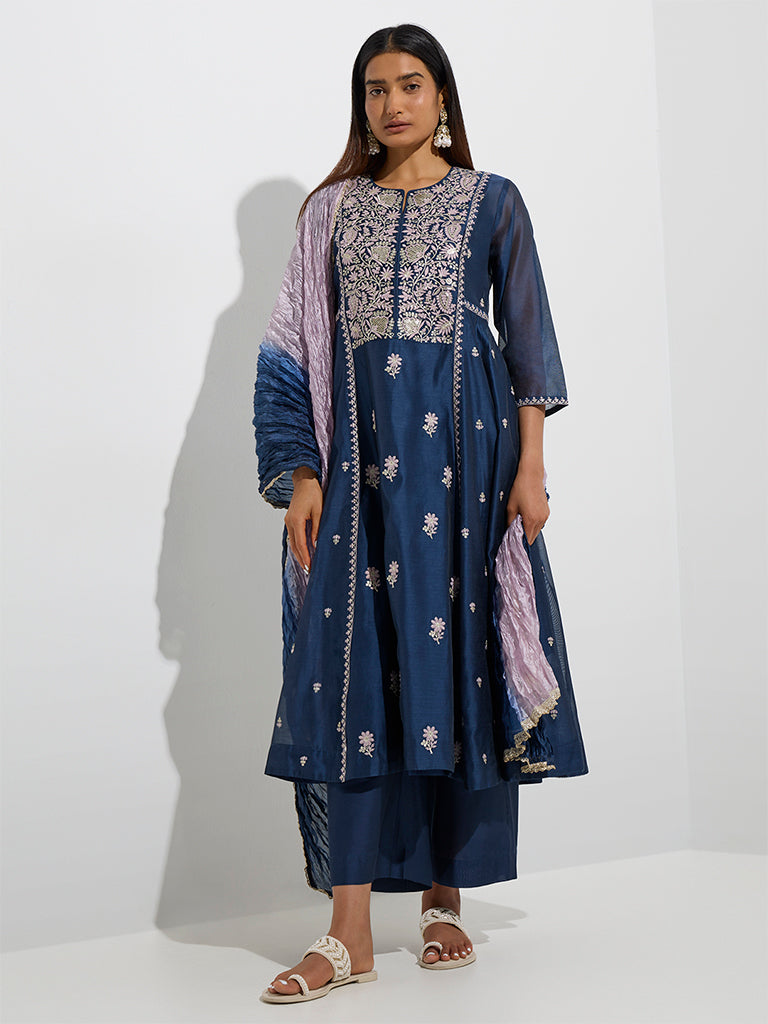 Westside Vark Women's Indigo Embroidered Cotton-Blend A-Line Ethnic Set for Festive Wear Front View