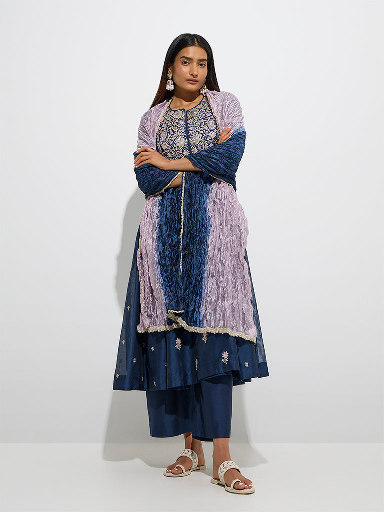 Westside Vark Women's Indigo Embroidered Cotton-Blend A-Line Ethnic Set for Festive Wear Full Model View