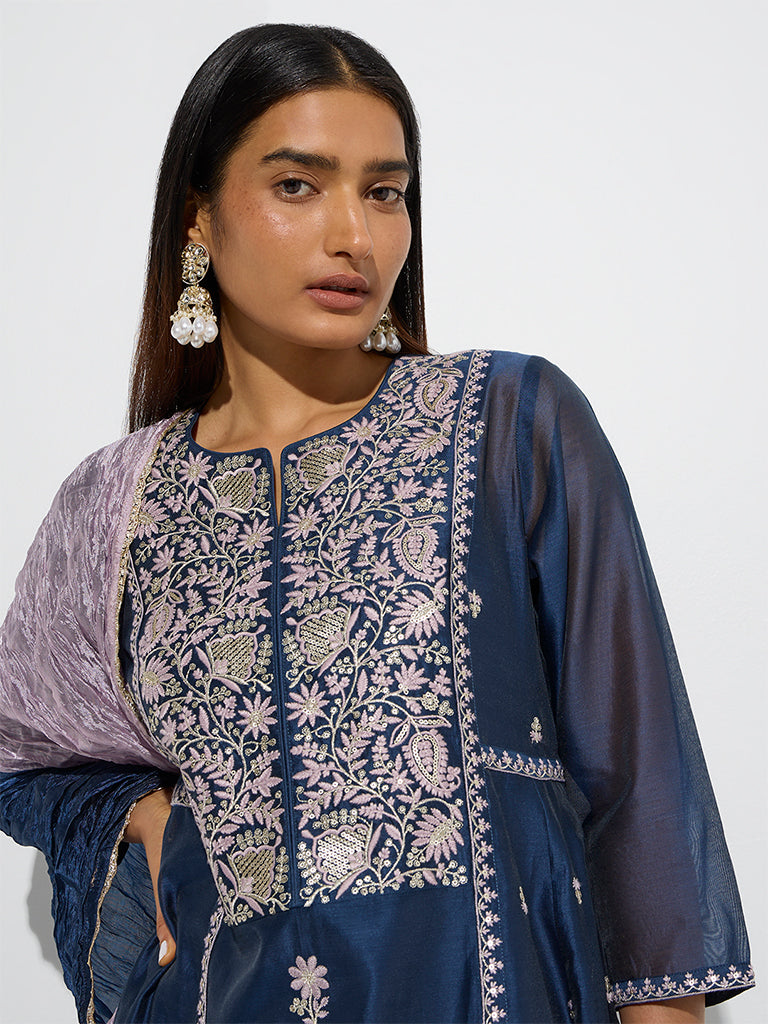 Westside Vark Women's Indigo Embroidered Cotton-Blend A-Line Ethnic Set for Festive Wear Zoom View