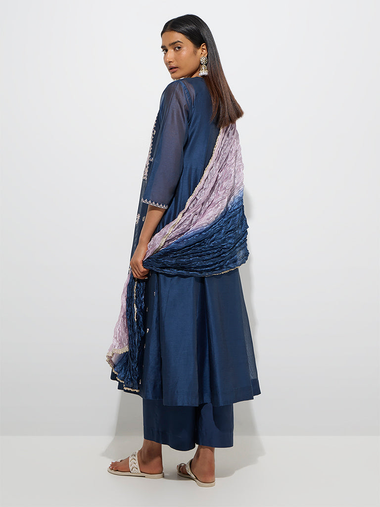 Westside Vark Women's Indigo Embroidered Cotton-Blend A-Line Ethnic Set for Festive Wear Back View