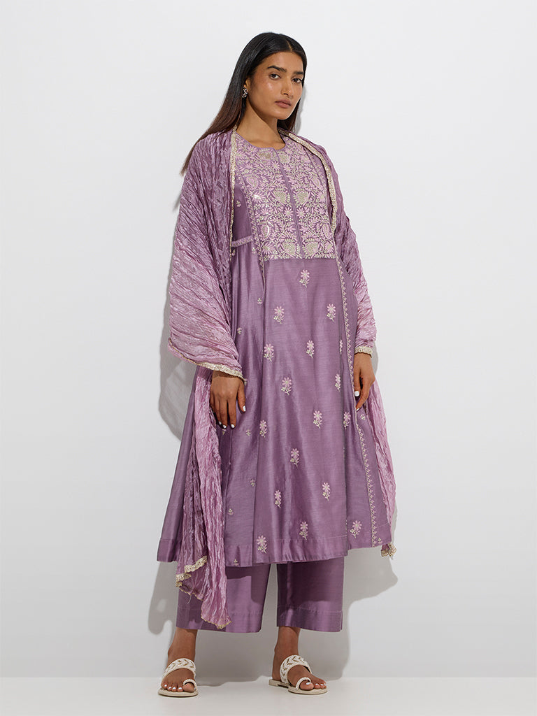 Westside Vark Women's Lavender Embroidered Cotton-Blend A-Line Ethnic Set for Festive Wear Full Model View