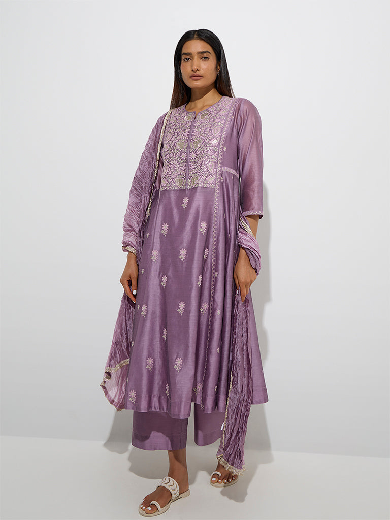 Westside Vark Women's Lavender Embroidered Cotton-Blend A-Line Ethnic Set for Festive Wear Front View