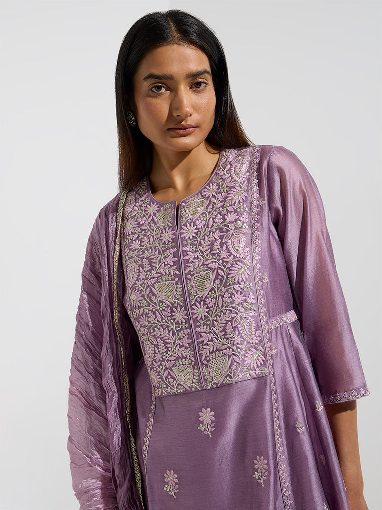 Westside Vark Women's Lavender Embroidered Cotton-Blend A-Line Ethnic Set for Festive Wear Zoom View