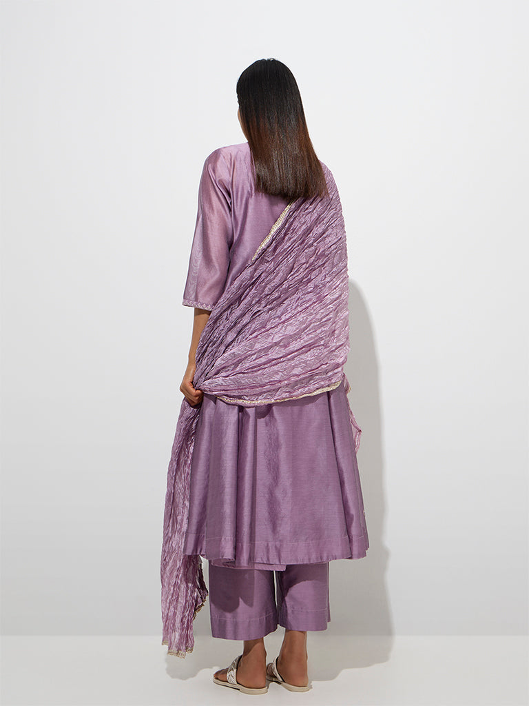 Westside Vark Women's Lavender Embroidered Cotton-Blend A-Line Ethnic Set for Festive Wear Back View