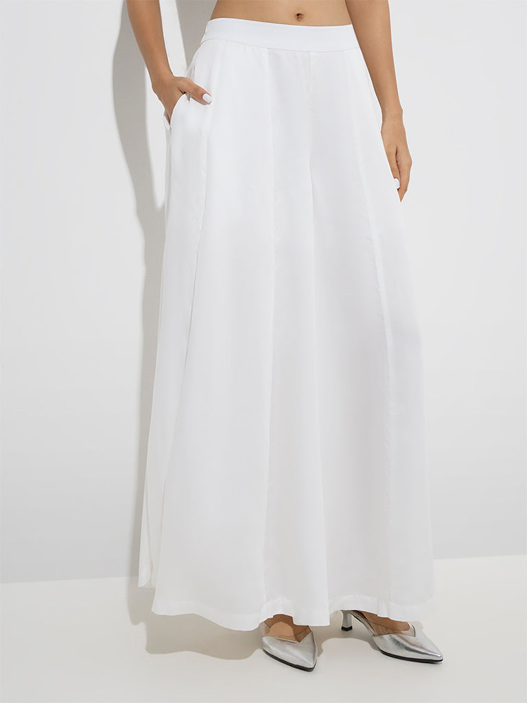 Westside Vark Women's White Solid Palazzos for Festive Wear Front View