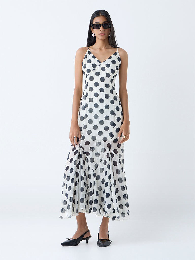 Westside Wardrobe Women's White Polka Dotted Fishtail Dress for Work Wear Front View