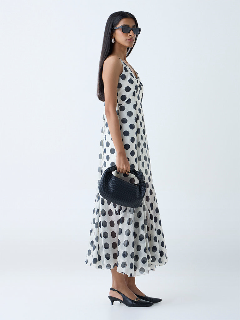 Westside Wardrobe Women's White Polka Dotted Fishtail Dress for Work Wear Full View