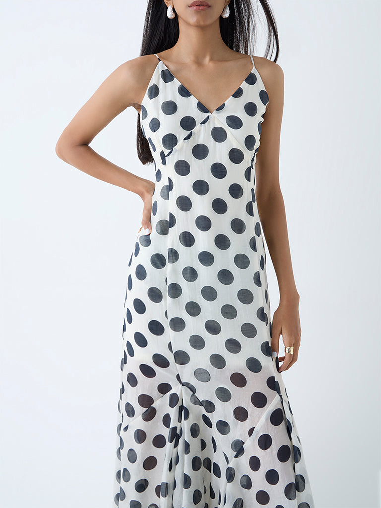 Westside Wardrobe Women's White Polka Dotted Fishtail Dress for Work Wear Zoomed View