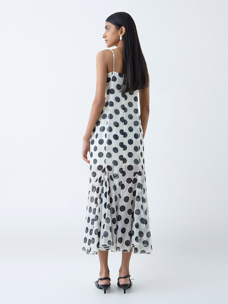 Westside Wardrobe Women's White Polka Dotted Fishtail Dress for Work Wear Back View