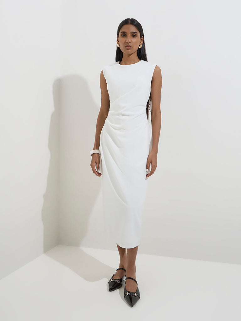 Westside Wardrobe Women's White Ruched-Detailed Straight Dress for Work Wear Full Model View