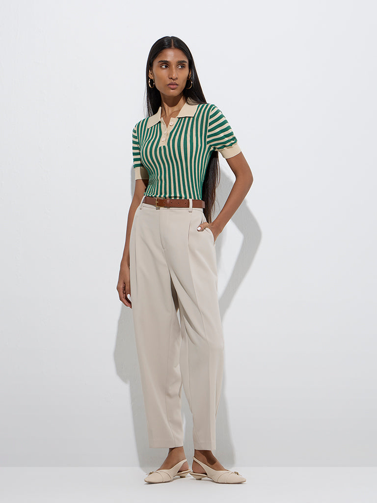 Westside Wardrobe Women's Green Stripe Polo T-Shirt for Work Wear Full View