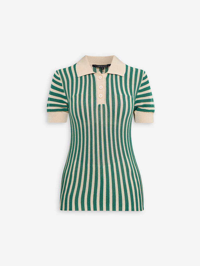 Westside Wardrobe Women's Green Stripe Polo T-Shirt for Work Wear Flatly