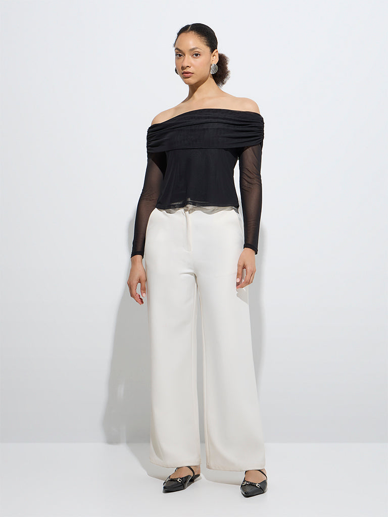 Westside Wardrobe Women's Black Mesh Detailed Off-Shoulder Top for Work Wear Full Model View
