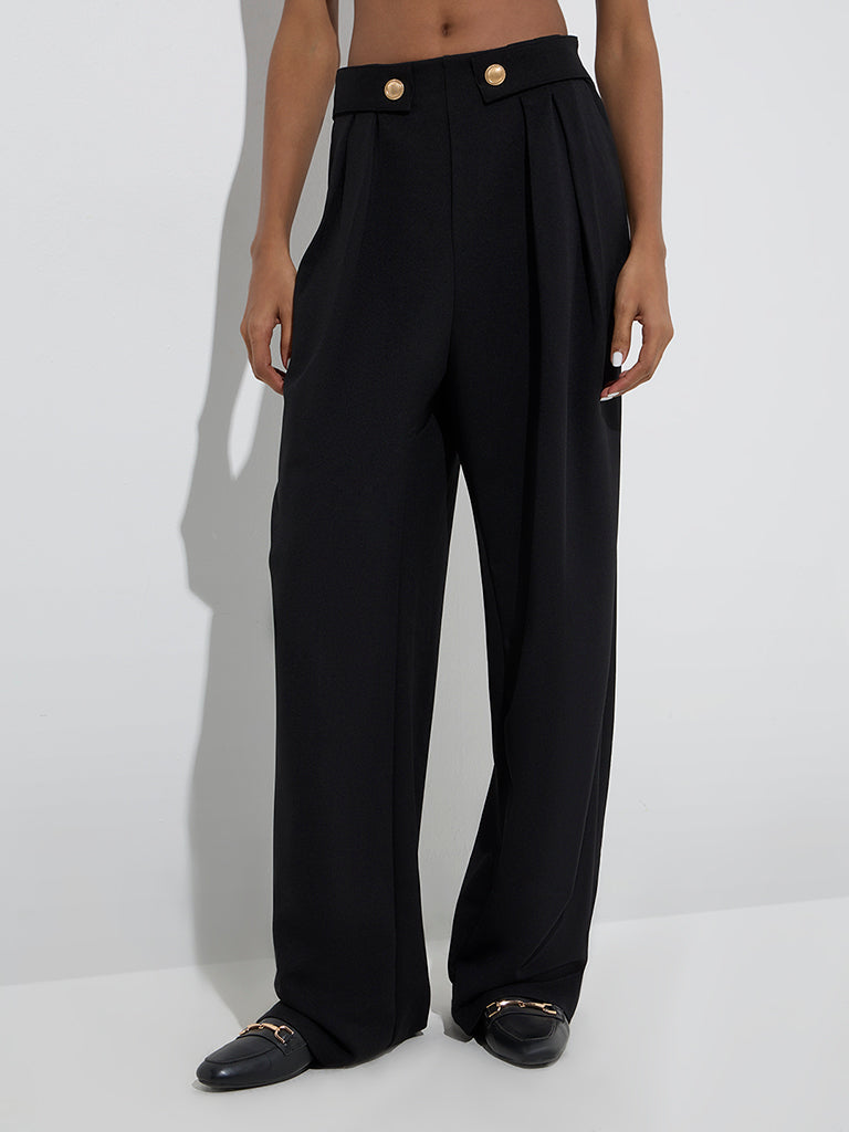 Westside Wardrobe Women's Black Solid High-Rise Trousers for Work Wear Front View