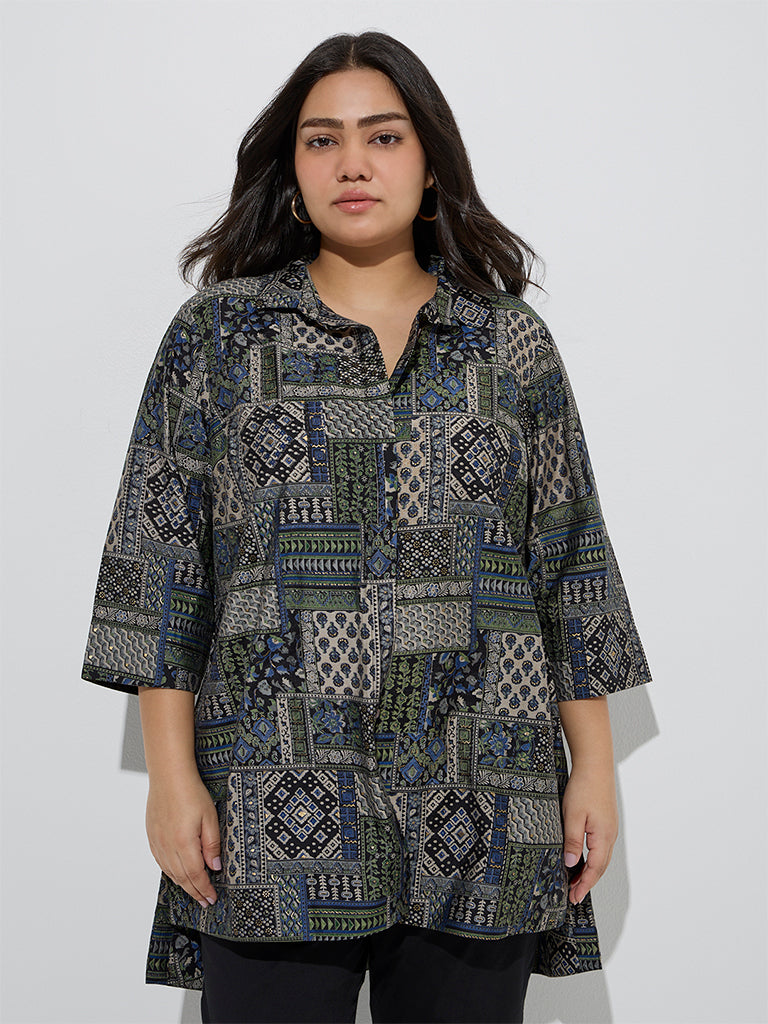 Westside Diza Women's Multicolour Printed High-Low Tunic for Work Wear Front View