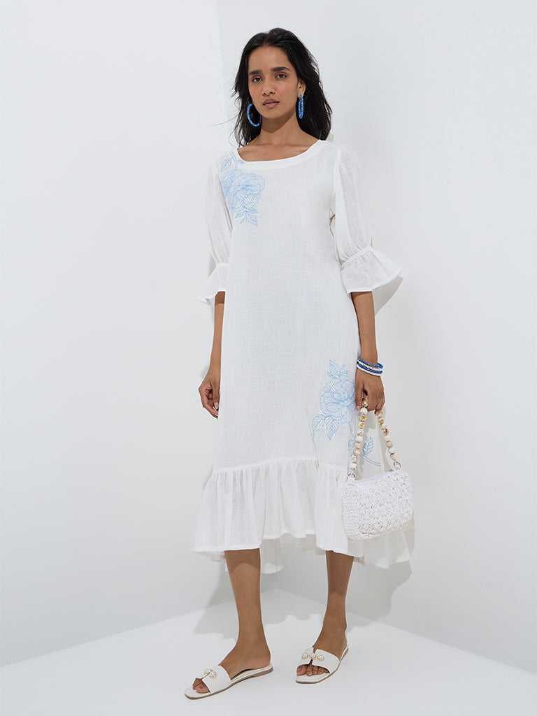Utsa White Floral Embroidered Cotton Drop-Waist Dress