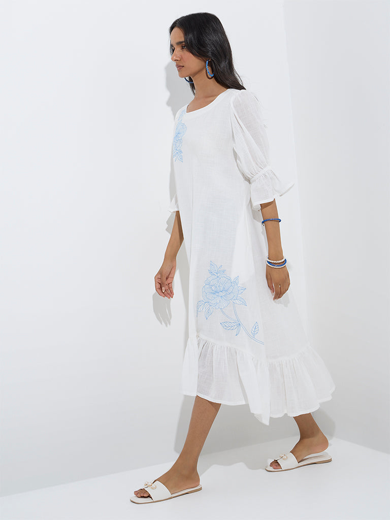 Utsa White Floral Embroidered Cotton Drop-Waist Dress