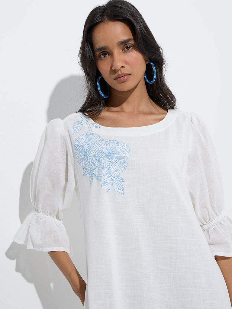 Utsa White Floral Embroidered Cotton Drop-Waist Dress