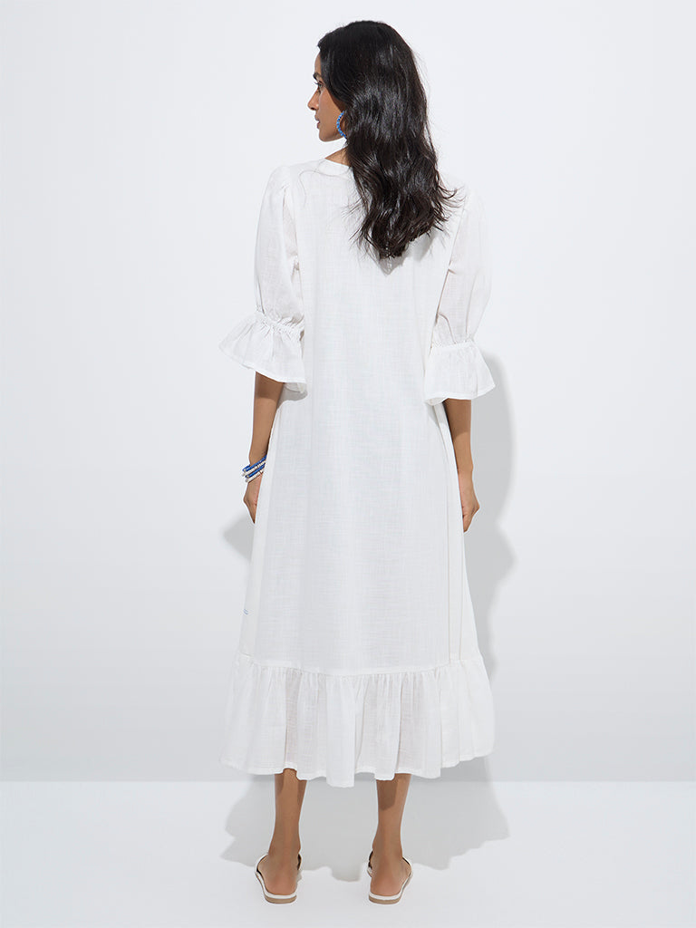Utsa White Floral Embroidered Cotton Drop-Waist Dress