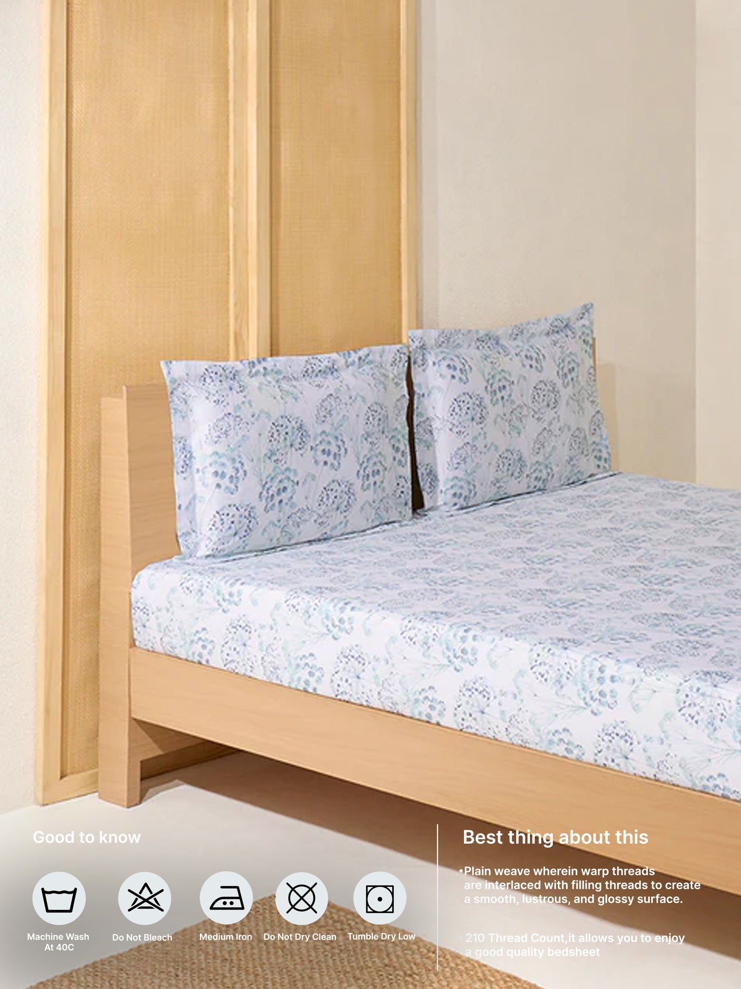 Westside Home Blue Foliage Printed King Bed Sheet Set