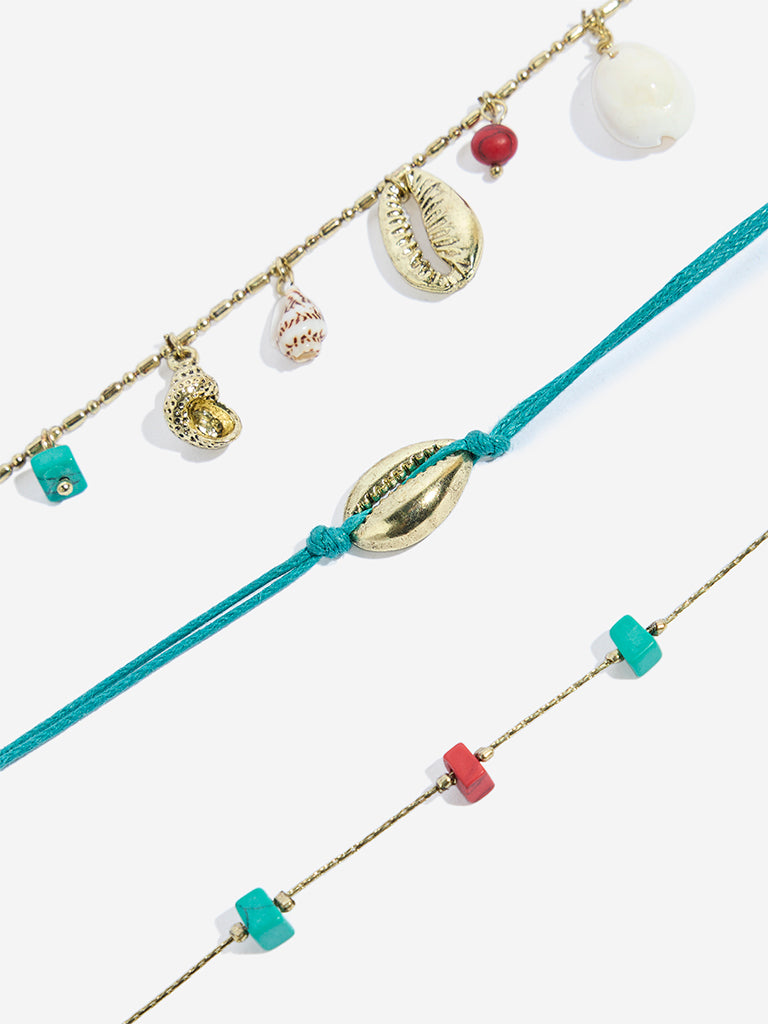Westside Accessories Turquoise Sea-Shells-Detailed Bracelet Set - Pack of 3