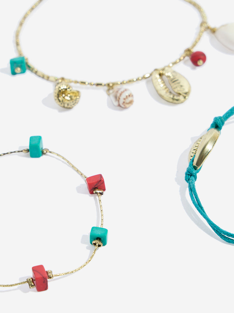 Westside Accessories Turquoise Sea-Shells-Detailed Bracelet Set - Pack of 3