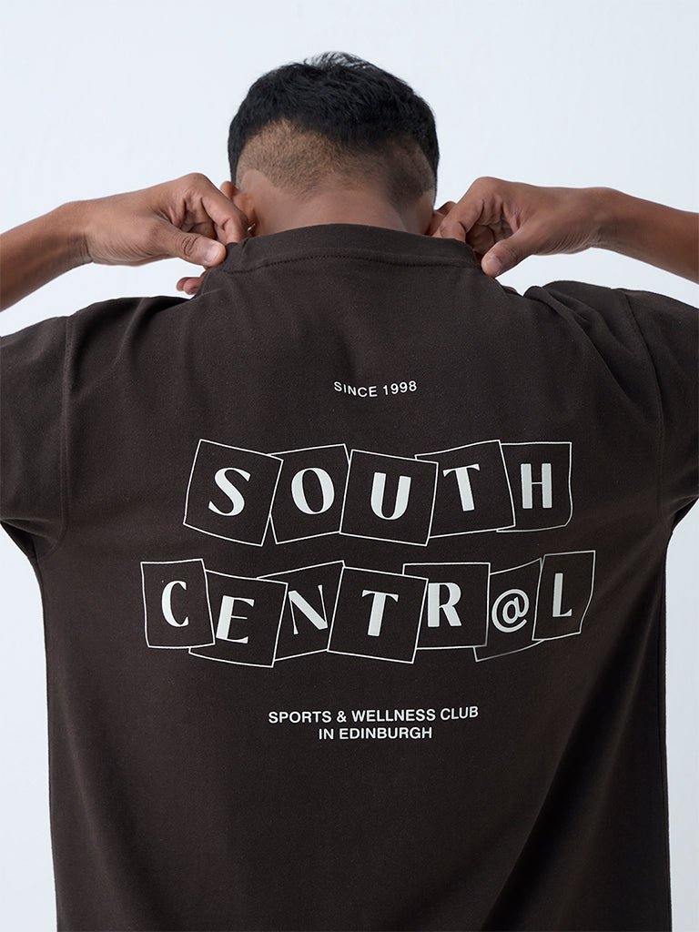 Studiofit Dark Brown Text Design Relaxed-Fit Cotton T-Shirt