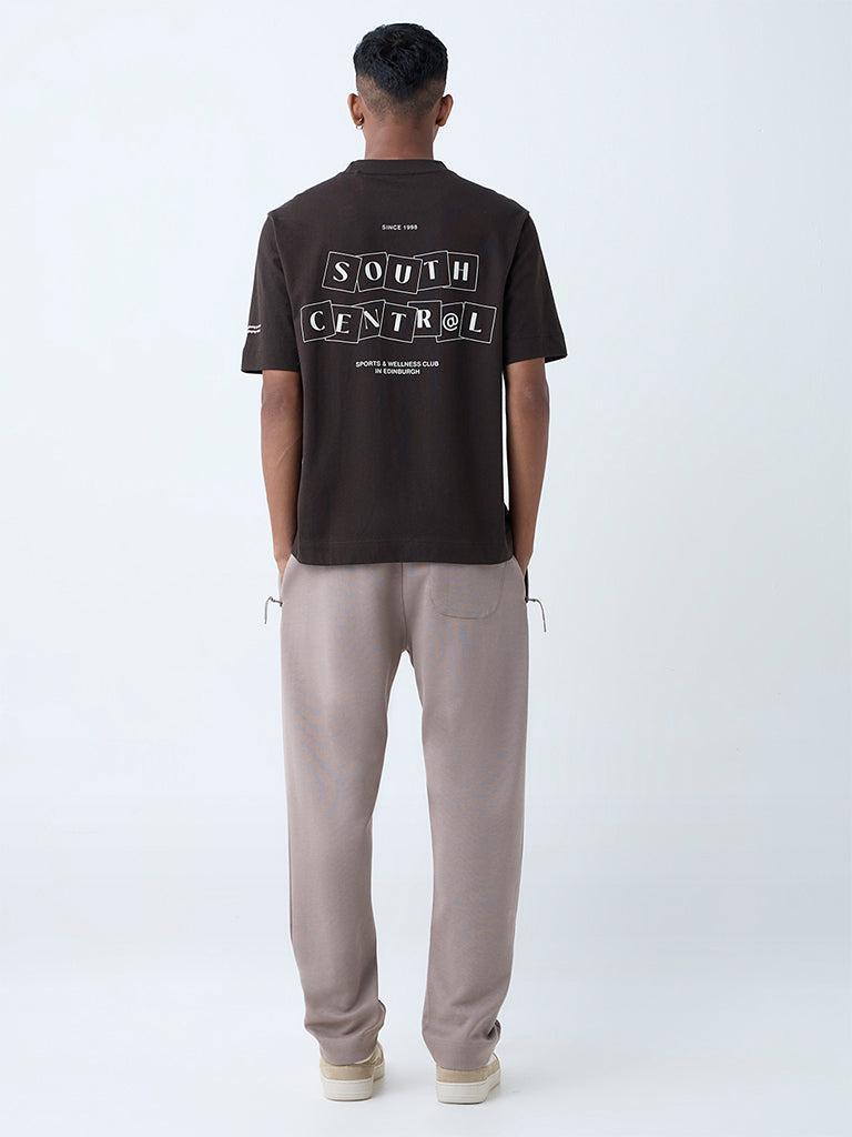 Studiofit Dark Brown Text Design Relaxed-Fit Cotton T-Shirt
