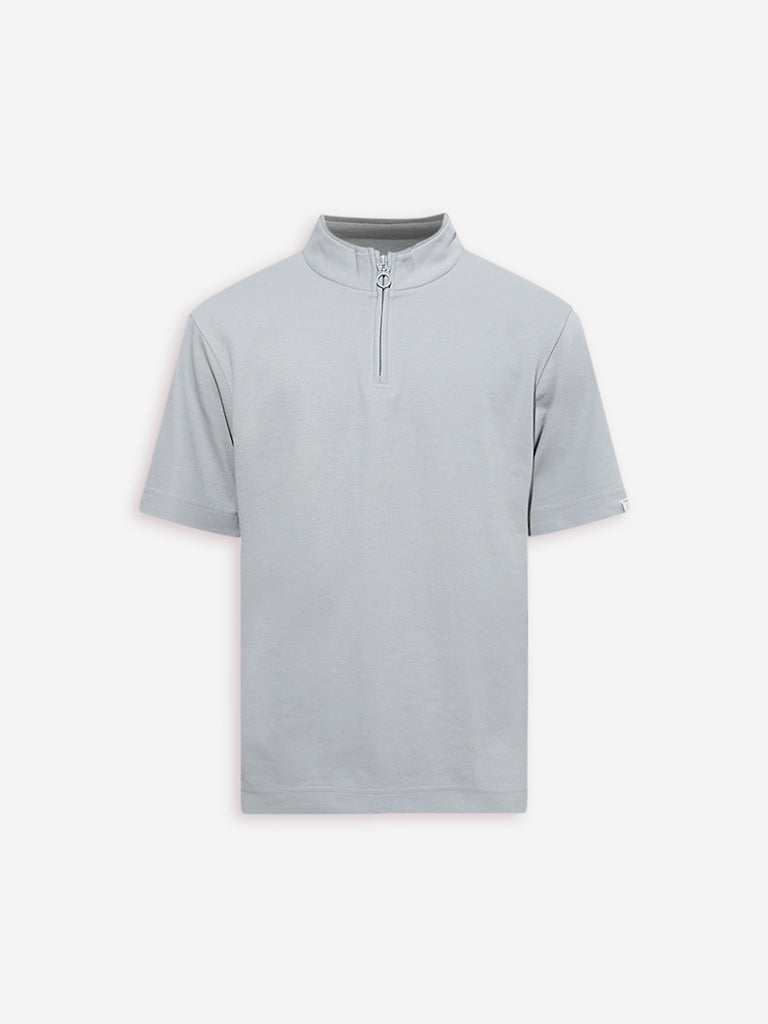 Studiofit Light Grey Slim-Fit Quarter-Zip T-Shirt
