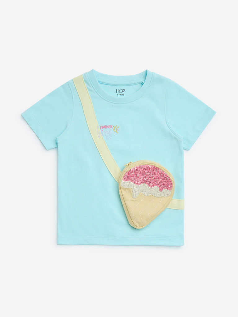 Westside HOP Kids Girls' Aqua Pouch-Detailed Cotton T-Shirt for Casual Wear Front  View
