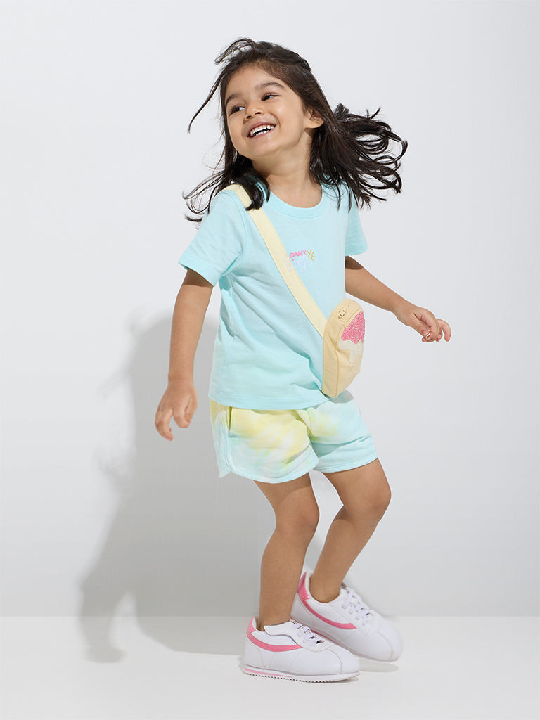Westside HOP Kids Girls' Aqua Pouch-Detailed Cotton T-Shirt for Casual Wear Full Model View