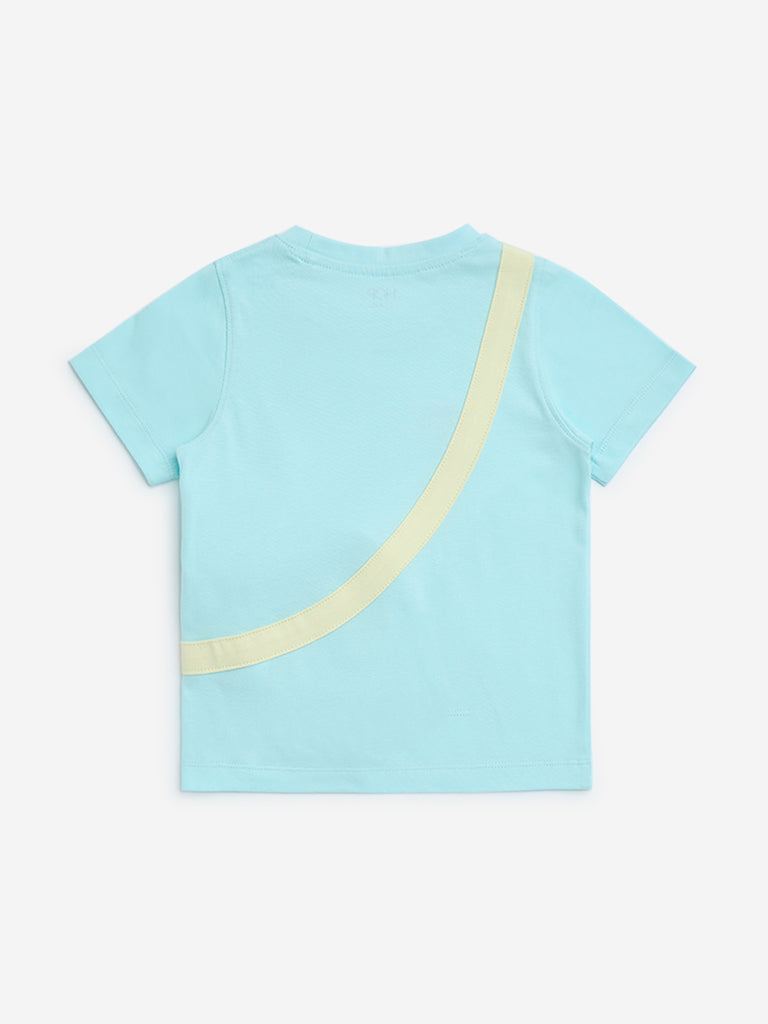 Westside HOP Kids Girls' Aqua Pouch-Detailed Cotton T-Shirt for Casual Wear Back View